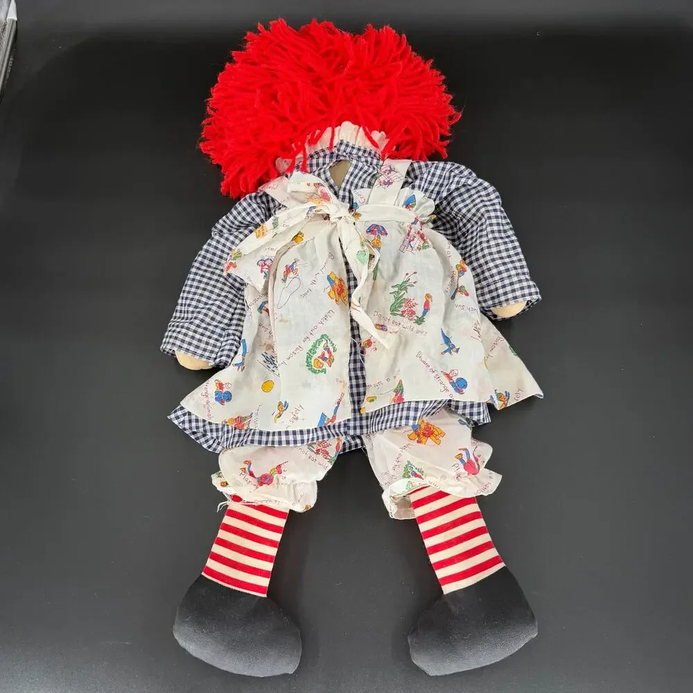 Vintage 24 Inch Raggedy Ann Cloth Doll Handmade Red Yarn Hair Striped Legs Dress